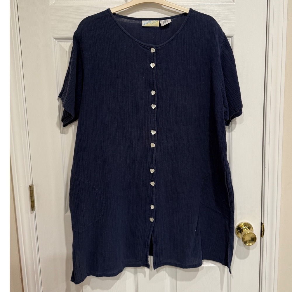 Brylane Beach Navy Blue Cotton Crinkle Gauze Heart Button Cover Up Dress Large - Picture 1 of 4